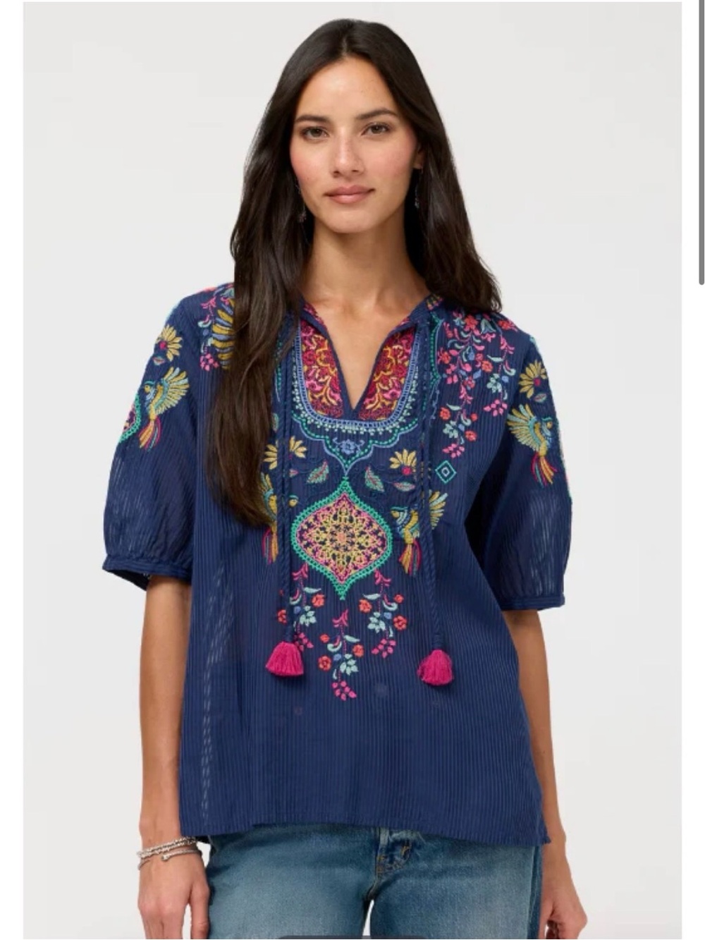 Johnny Was Navy Linen Embroidered Tunic Top with Short Sleeves